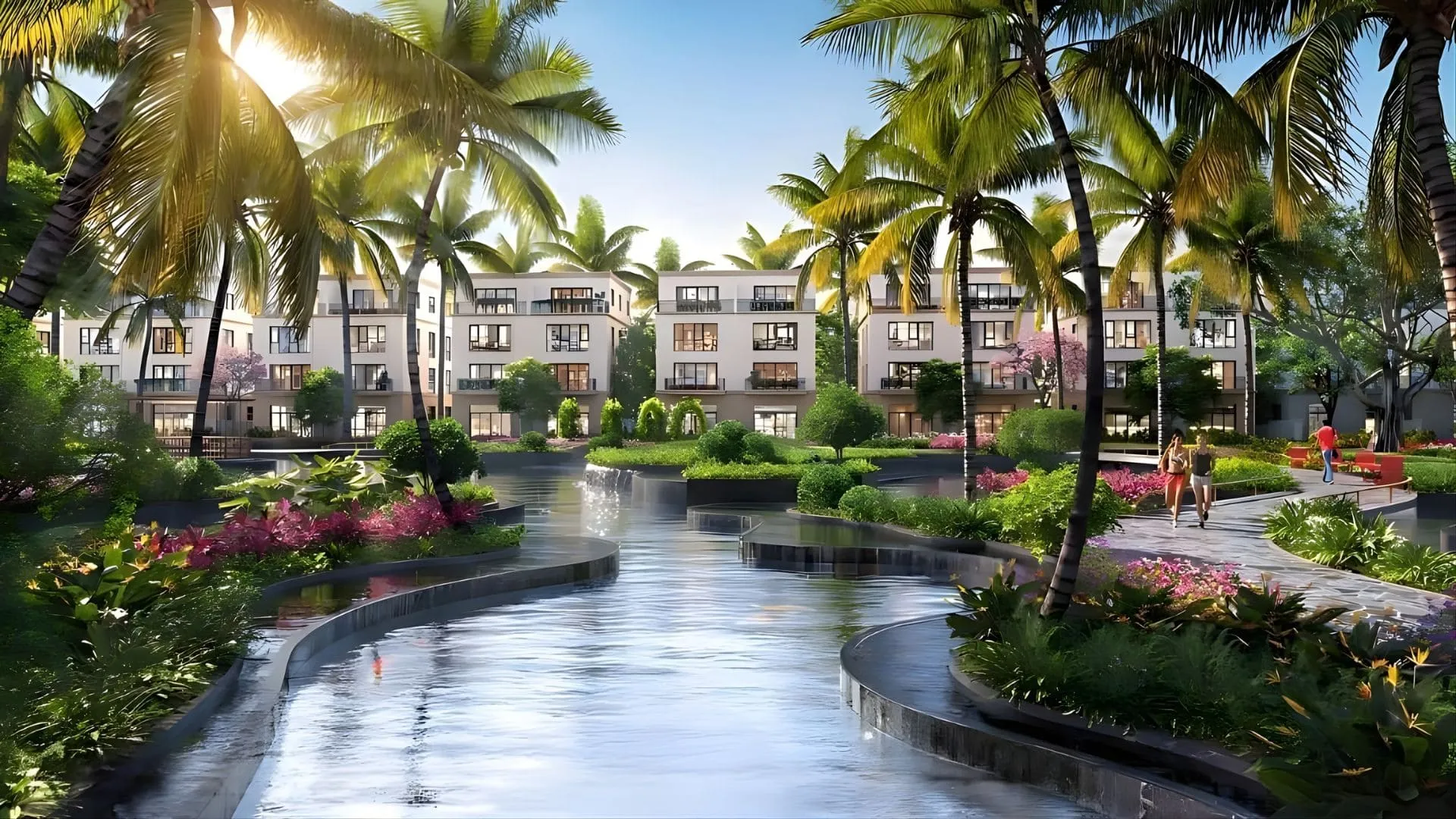 Phối cảnh dãy nhà thấp tầng bên hồ cảnh quan tại Vinhomes Mekong Châu Thành, Cần Thơ