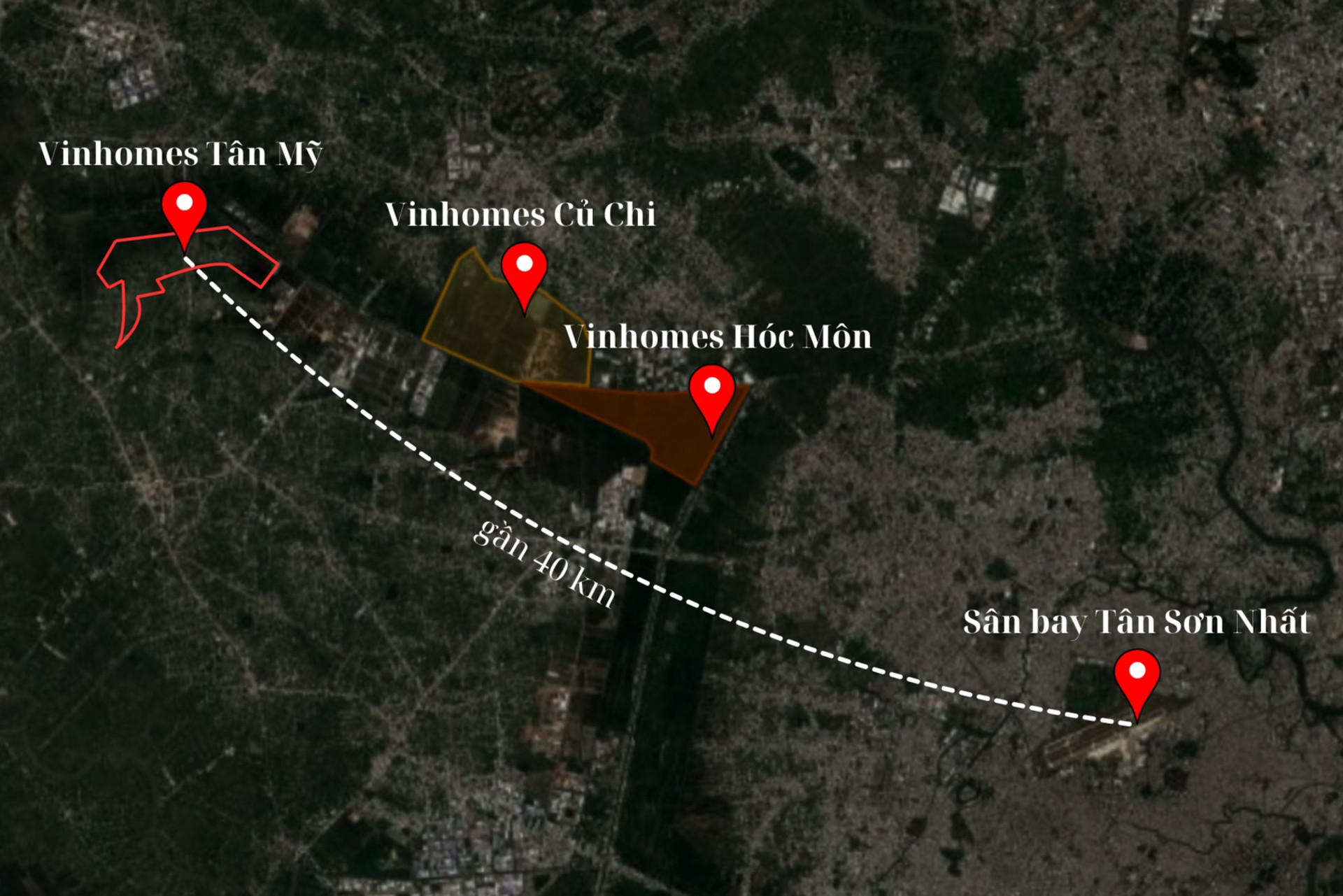 Bản đồ vị trí Vinhomes Tân Mỹ so với Vinhomes Củ Chi, Vinhomes Hóc Môn và sân bay Tân Sơn Nhất