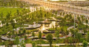 Công viên trong khu đô thị Vinhomes Golden City nhìn từ trên cao lúc hoàng hôn
