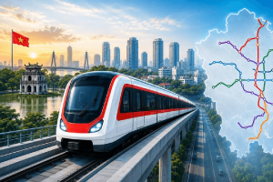 Tàu metro hiện đại chạy trên cao qua khu vực Hồ Gươm, phía sau là sơ đồ mạng lưới các tuyến metro Vinhomes