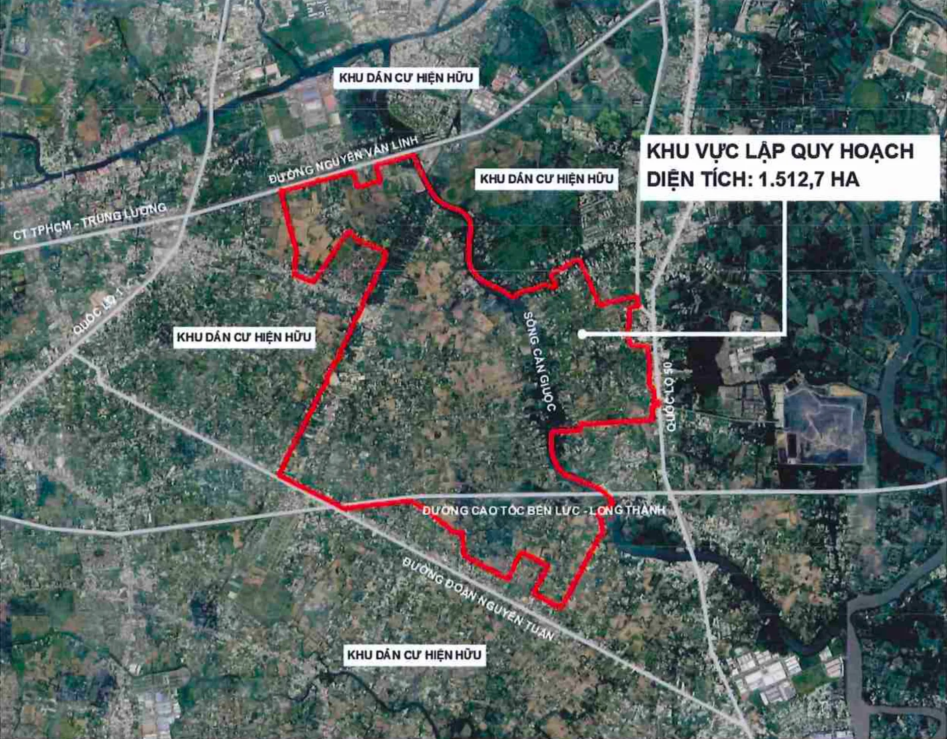 Bản đồ vệ tinh khoanh vùng ranh giới khu quy hoạch Vinhomes Hưng Long Bình Chánh diện tích 1.512,7ha