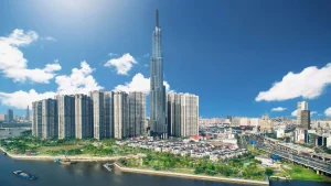 Cảnh quan một khu đô thị Vinhomes hiện hữu tại TP.HCM bên sông, tham chiếu cho mô hình phát triển Vinhomes Hưng Long