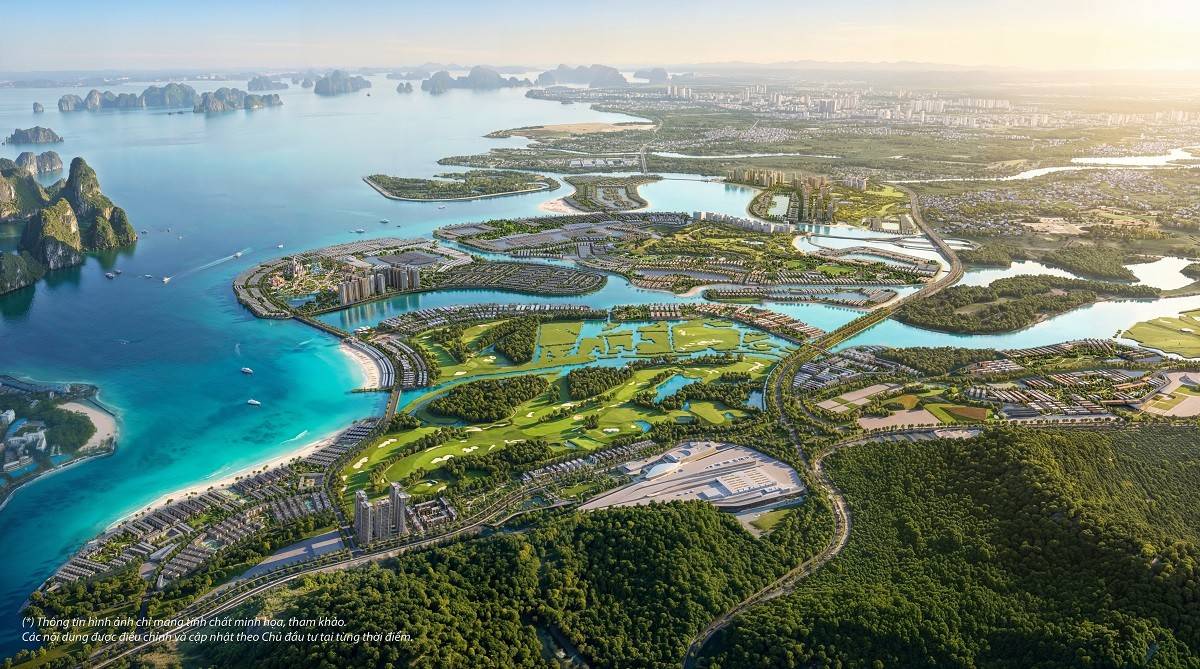 Phối cảnh tổng thể dự án Vinhomes Global Gate Hạ Long nhìn từ trên cao với núi đá vôi vịnh Hạ Long