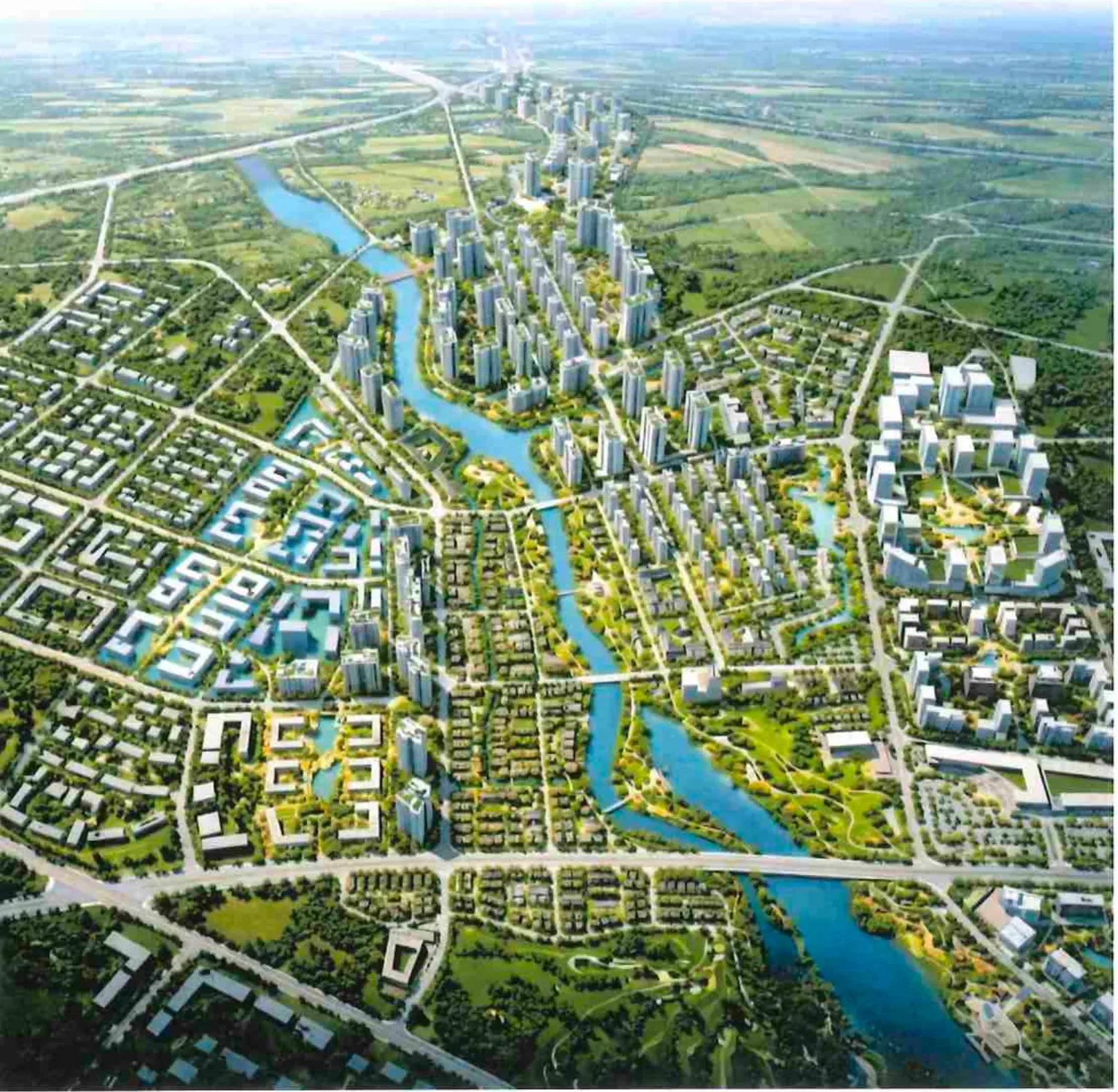 Phối cảnh trên cao khu đô thị lấy sông làm trục trung tâm, minh họa ý tưởng quy hoạch Vinhomes Hưng Long