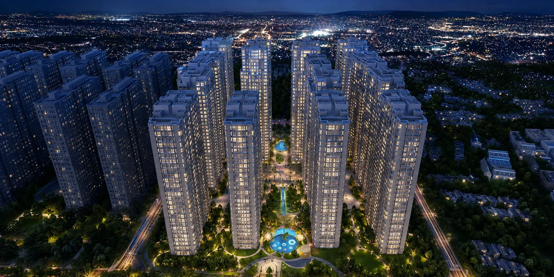 Cụm tòa tháp căn hộ cao tầng về đêm minh họa quy mô khu phức hợp Vinhomes Kỳ Hòa